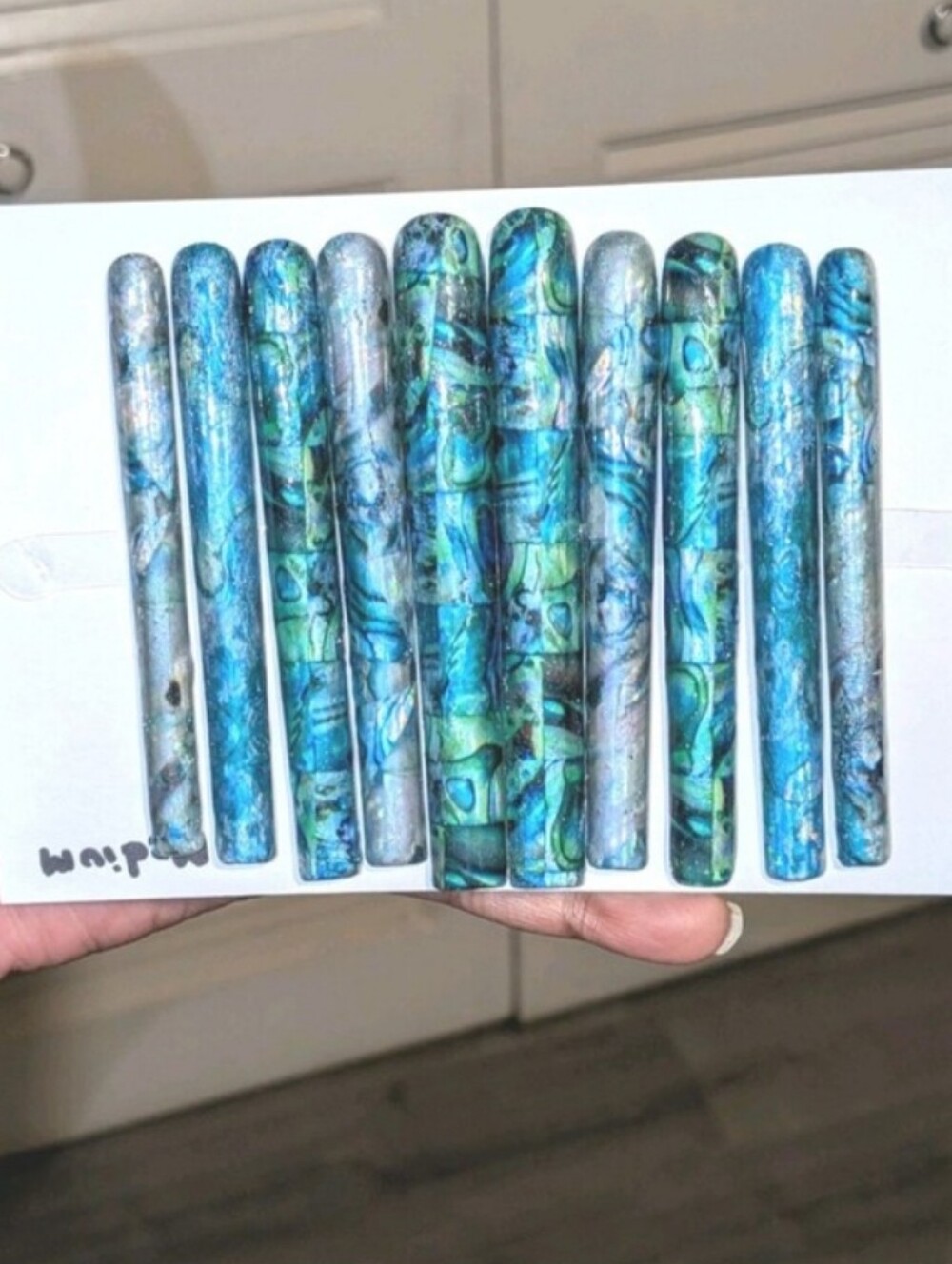 Hand CRAFTED Custom Blue Green 6XL Abalone-Inspired Press-On Nails Sz M